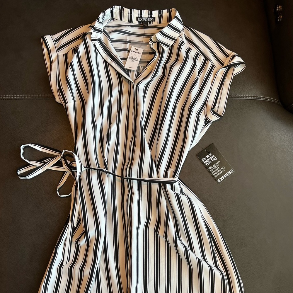 Express striped button down dress with tie waist